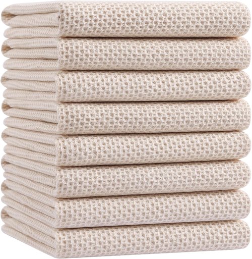 Homaxy Kitchen Dish Towels - Ultra Soft 100% Cotton Waffle Weave, Quick Drying, 20x28 Inches, 8-Pack, Beige
