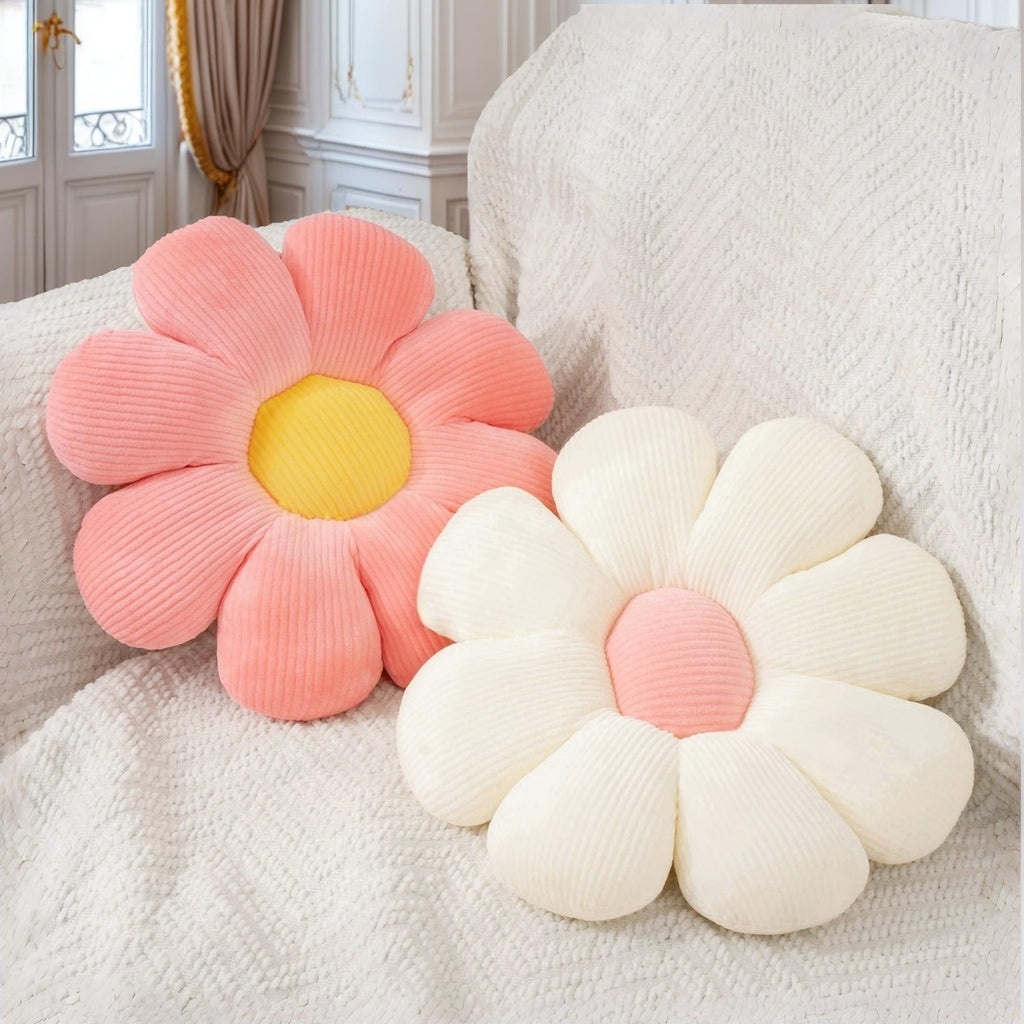 2 Pcs Flower Pillow Decorative Throw Pillows for Bed Couch Sofa Chair, 15.35" Cute Aesthetic Daisy Shaped Throw Pillows Floor Cushions for Bedroom Room Dorm Classroom (White, Orange Pink, 15.35 Inch)