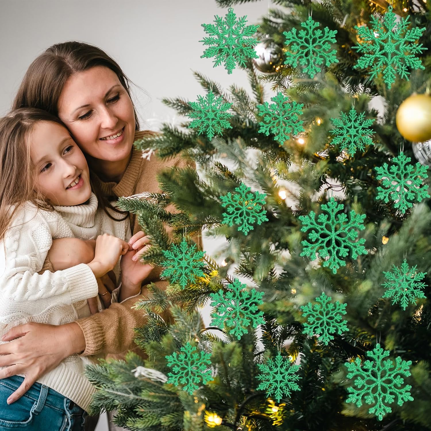 Skiennix Dark Green Christmas Snowflake Ornaments - 36 Pcs Glitter Hanging Decorations for Holiday Home Decor