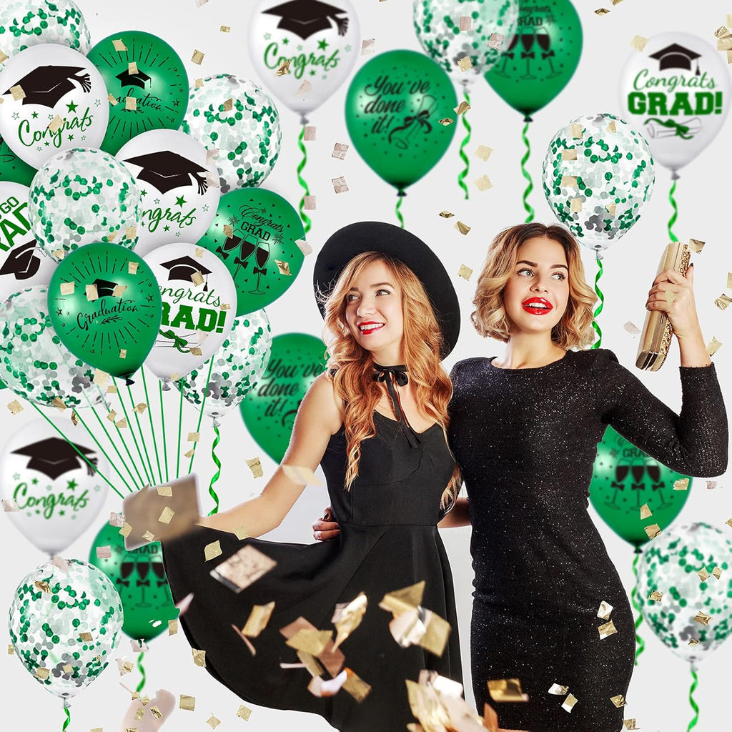 Whaline Graduation Party Balloon Set - 60 Pcs with 7 Designs, Green & White Confetti, Grad Cap Decor