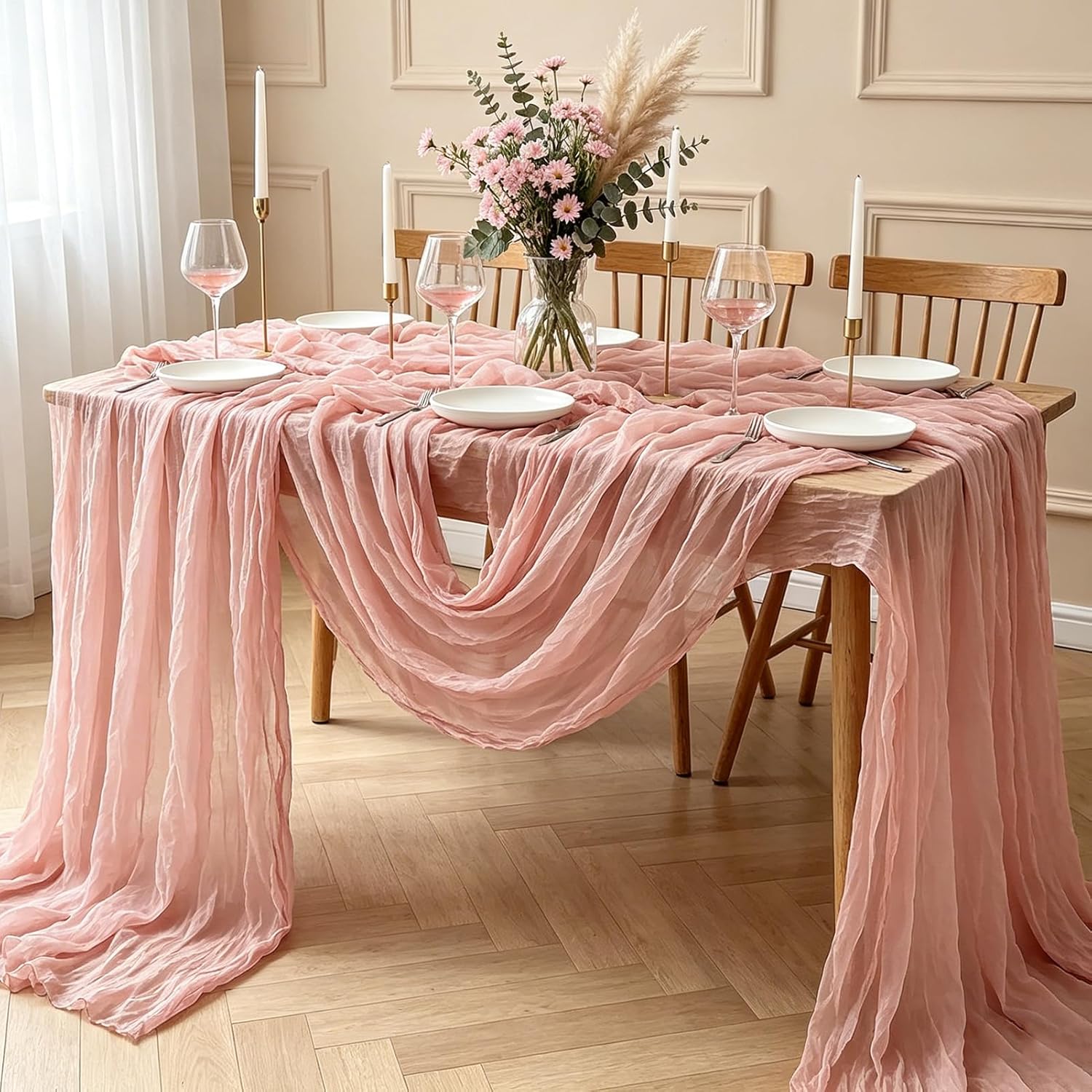 Skiennix Pink Cheesecloth Table Runner - 10FT Dusty Pink Boho Gauze for Spring & Events