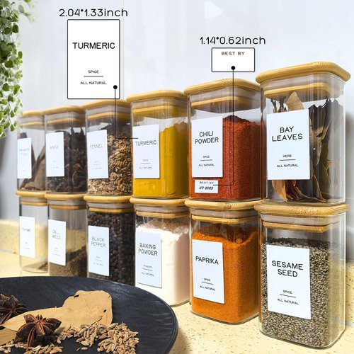 Kuocodall 12 Pcs Glass Spice Jars with Bamboo Airtight Lids & 201 Labels - 8oz Square Small Empty Food Storage Containers for Kitchen, Seasonings, Herbs, Salt