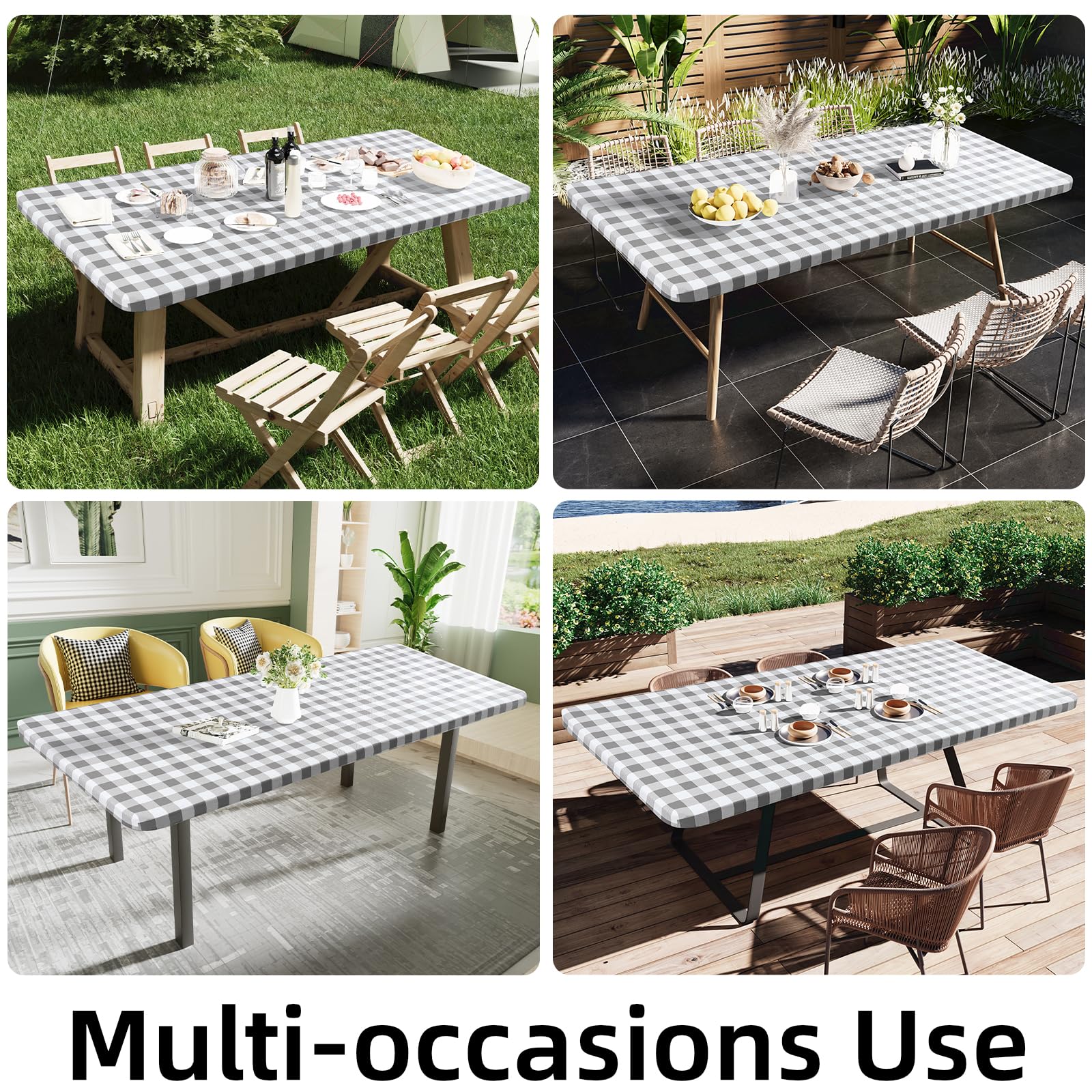Smiry Rectangle Picnic Table Cloth, Elastic Waterproof Fitted Vinyl Tablecloths, Flannel Backed Buffalo Plaid Table Covers for Dining, Camping, Outdoor (White and Grey, 30" x 72")