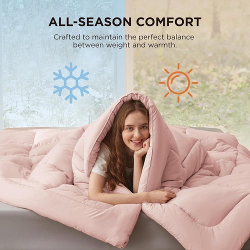 Bedsure Comforter Duvet Insert - Luxurious Quilted Queen Size Bedding, All-Season Down Alternative, Pink 88 x 88 Inches
