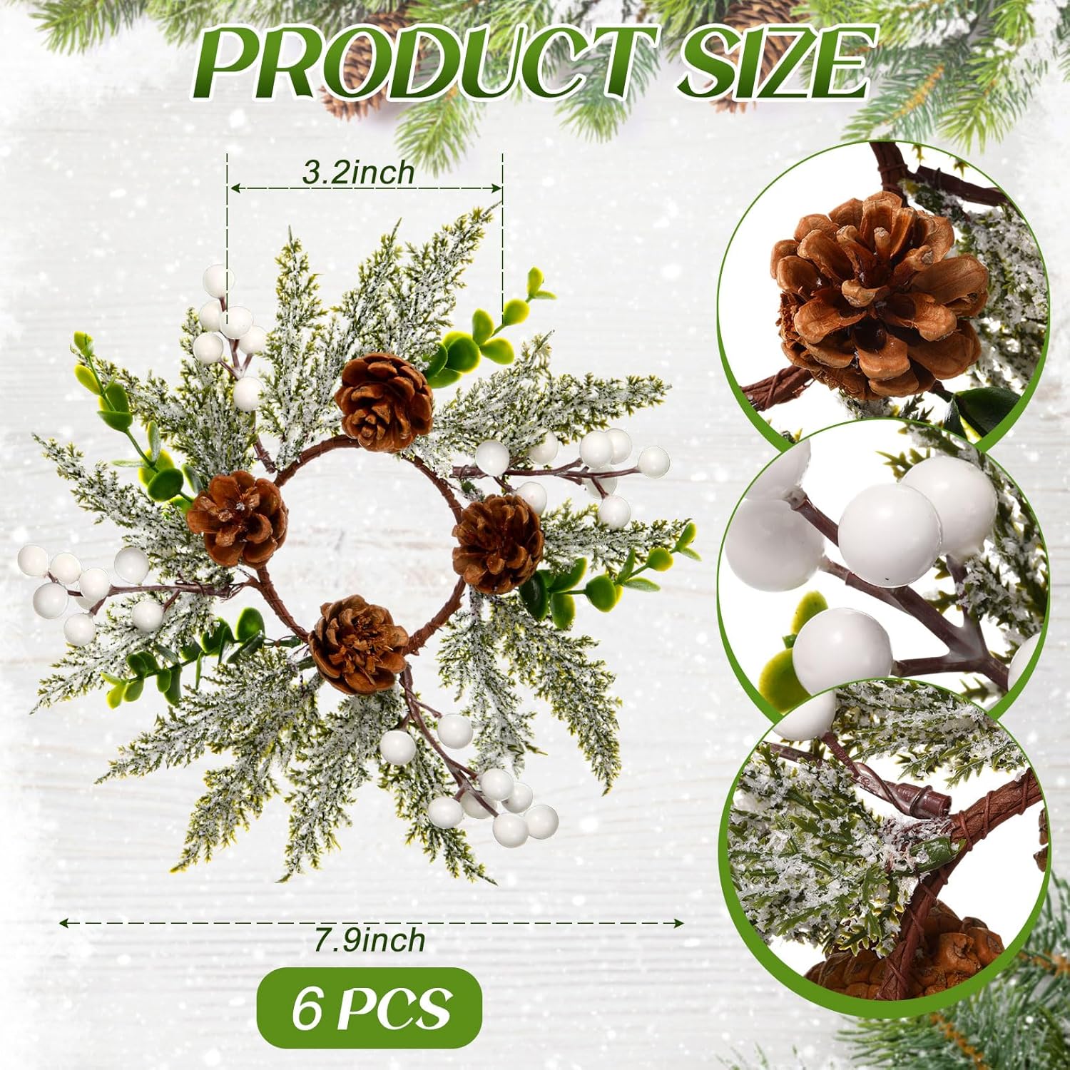 Vercraft 8" Christmas Candle Rings - Snowy Pine Garland with White Berries & Pine Cones | Set of 6
