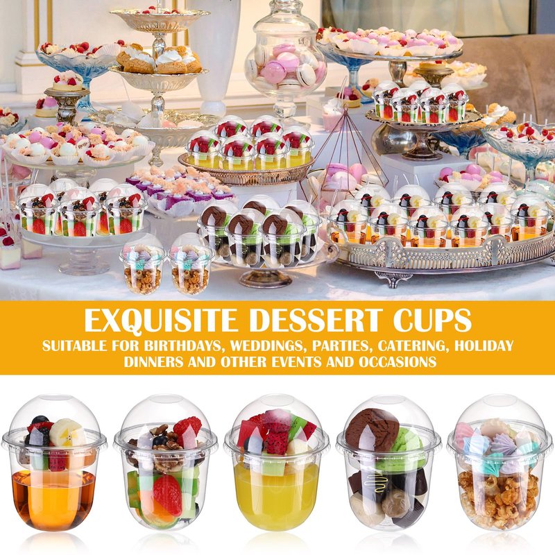 Gandeer 60 Pack Clear Plastic Parfait Cups with Dome Lids No Hole Disposable Party Dessert Cups with Lids Insert Spork Round Fruit Containers with Lid for Yogurt Fruit Cereal Ice Cream (12 oz)