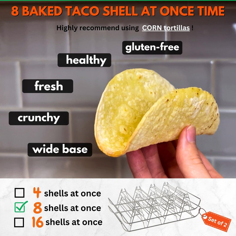 Taco Shell Mold for Baking - No Frying No Waste No Mess, For Corn Tortillas Up To 6 Inch, Homemade Wider Bases Hard Tacos - Fresh Wholesome Gluten-Free, 8 Baked Crunchy Shells At Once - Set of 2