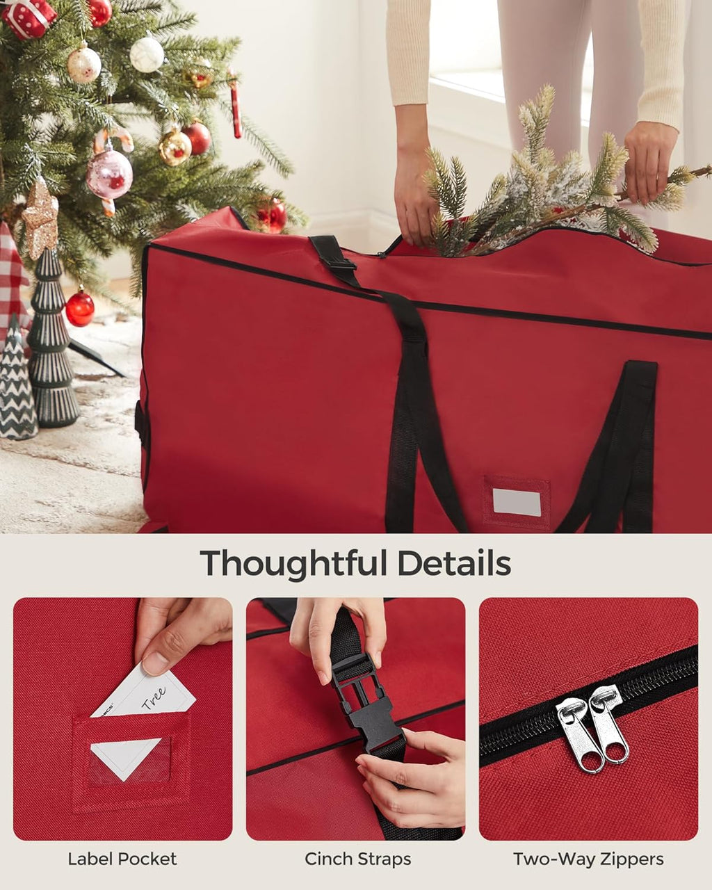 SONGMICS Christmas Tree Storage Bag - Rolling Design with 1.6-Inch Wheels, Adjustable Handles, 7.5 ft, Cherry Red