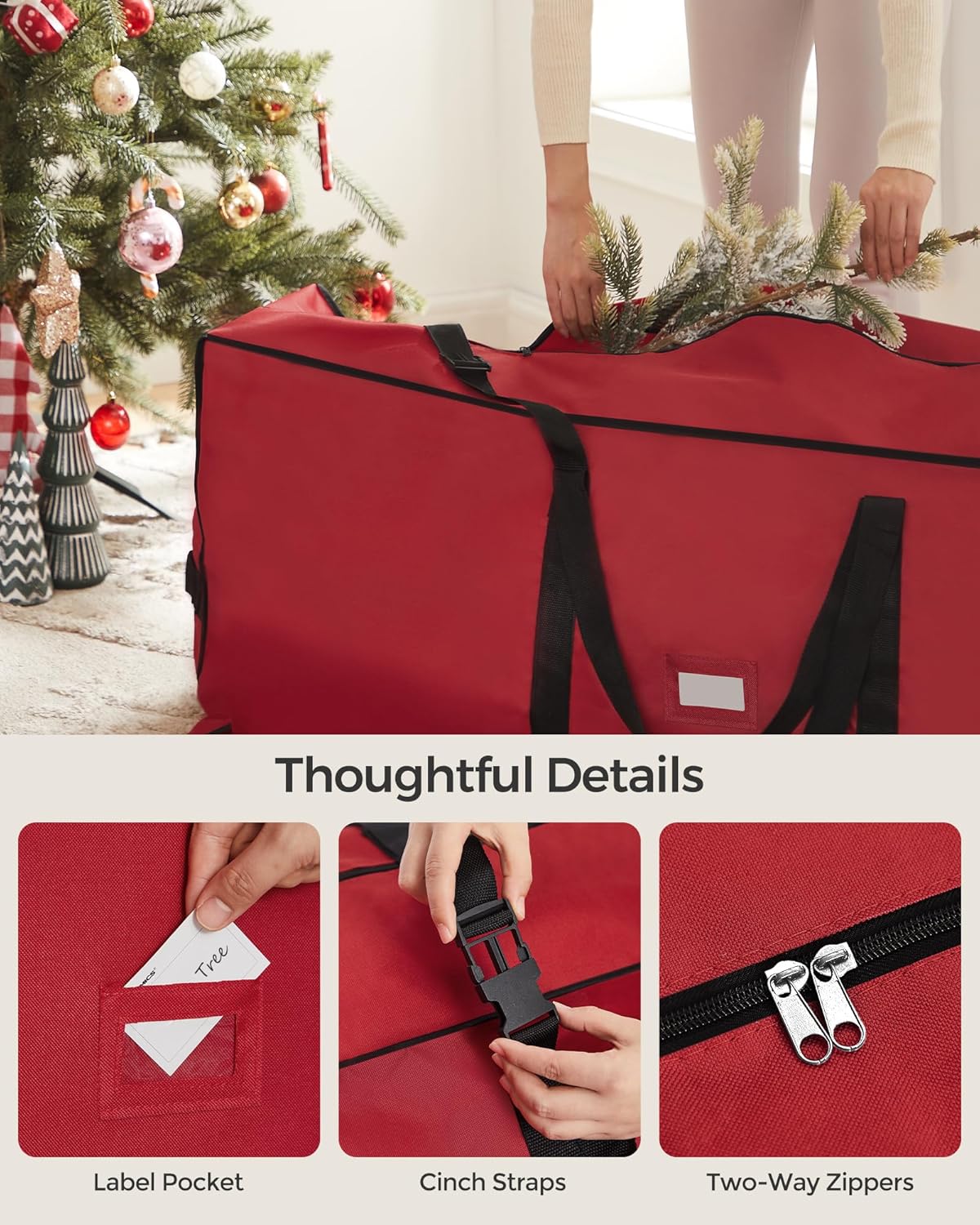 SONGMICS Christmas Tree Storage Bag - Rolling Design with 1.6-Inch Wheels, Adjustable Handles, 7.5 ft, Cherry Red