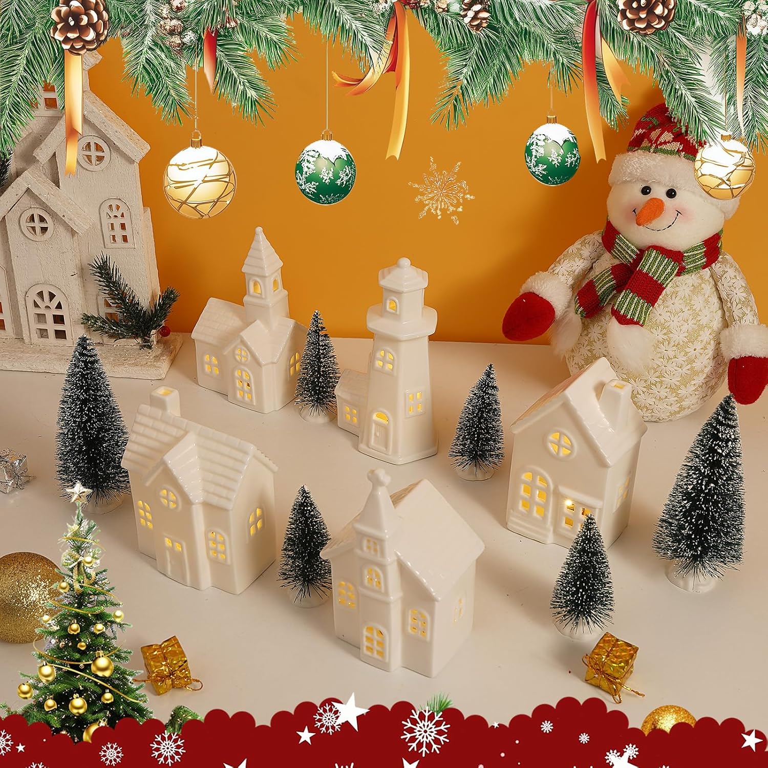 Skiennix 11-Piece White Ceramic Christmas Village Set - Light-Up Porcelain Houses with Timer for Festive Home Decor