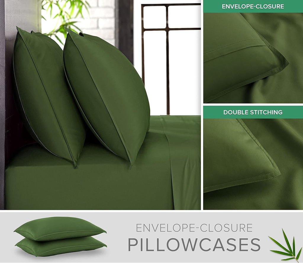 Pure Bamboo Twin Sheets - Luxuriously Soft & Cooling 100% Organic Viscose Bed Sheet Set | Pesto Color, Double Stitching
