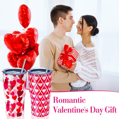 Hushee 9 Pcs Valentine's Day Tumbler with Lid and Straw Stainless Steel 20 oz Heart Love Print Double Wall Vacuum Insulated Cup Travel Mugs for Hot and Cold Drink