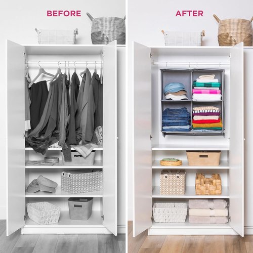 HOLDN’ STORAGE Hanging Closet Organizer - Heavy-Duty 4-Shelf Unit with Garment Rod, Grey