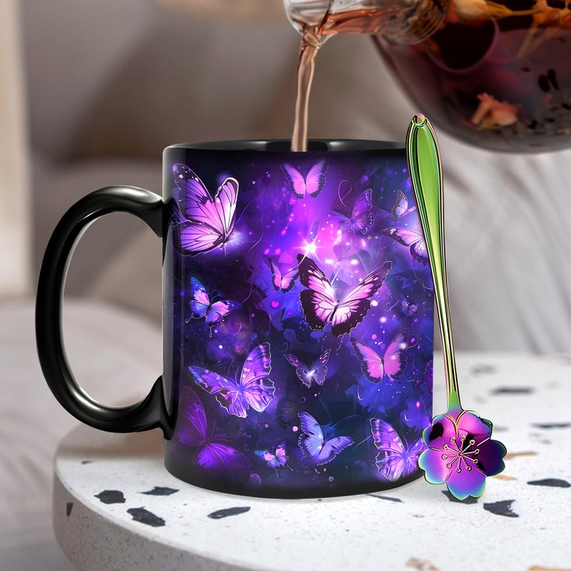 Hyturtle Butterfly Mug Set with Spoon & Keychain Gifts for Women, Mothers Day, Birthday Gifts For Mom, Daughter, Sister, Purple Night Butterflies Mug Set, Unique Gift Ideas 11oz Black Ceramic Tea Cup