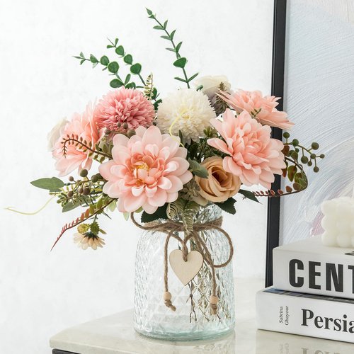 Aubcee 3 Pack Set Fake Flowers With Vase, Faux Silk Pink Dahlia Artificial Flowers for Home Decor, Coffee Table, Living Room, Bathroom Plant Decor