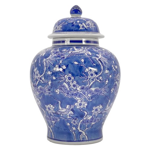 Galt International Blue & White Floral Crane Chinoiserie Jar 12" w/Lid - Ginger Jar, Tea Storage, Decorative, Home Decor Jar