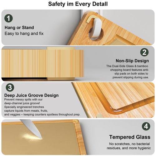 LANGBOHOS Non Toxic Cutting Board、Double Sided Cutting Board、Tempered Glass & Natural Bamboo Chopping Board with Juice Groove BPA Free Cutting Board (Medium-15"L x 10"W)