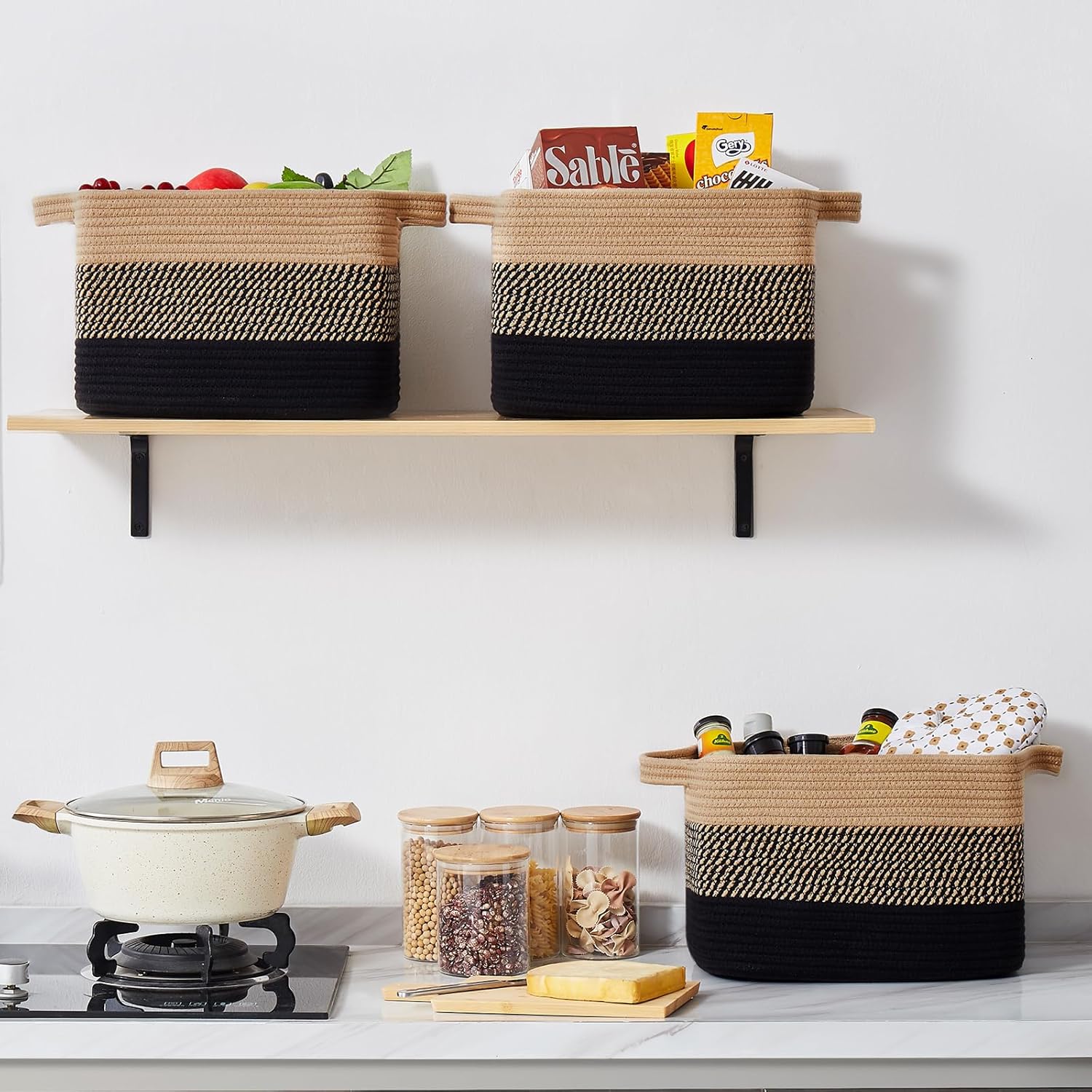 OIASKET Storage Baskets - Woven Organizing Bins for Toys & Books | Pack of 3 (Black & Brown, 13"x9.85"x8.7")