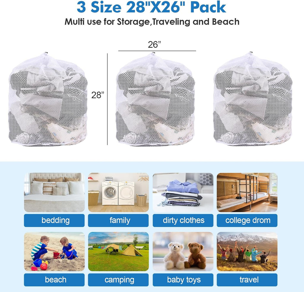 Skiennix Jumbo Mesh Laundry Bags - 3Pcs Set for Delicates, Bed Linen & Toys | Sturdy Drawstring Closure (XXL 28 x 26 Inches)