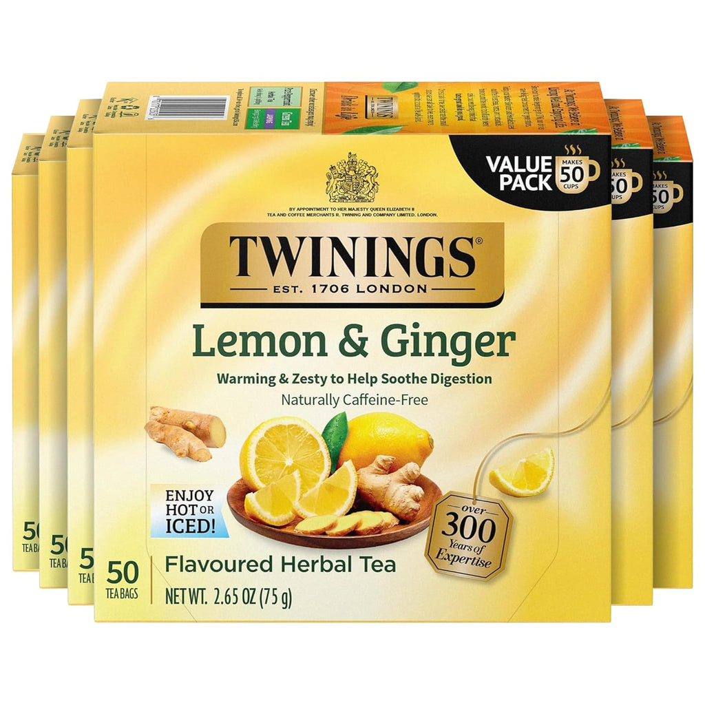 Twinings Lemon & Ginger Herbal Tea - Individually Wrapped Bags, 50 Count (Pack of 6) | Caffeine-Free, Enjoy Hot or Iced