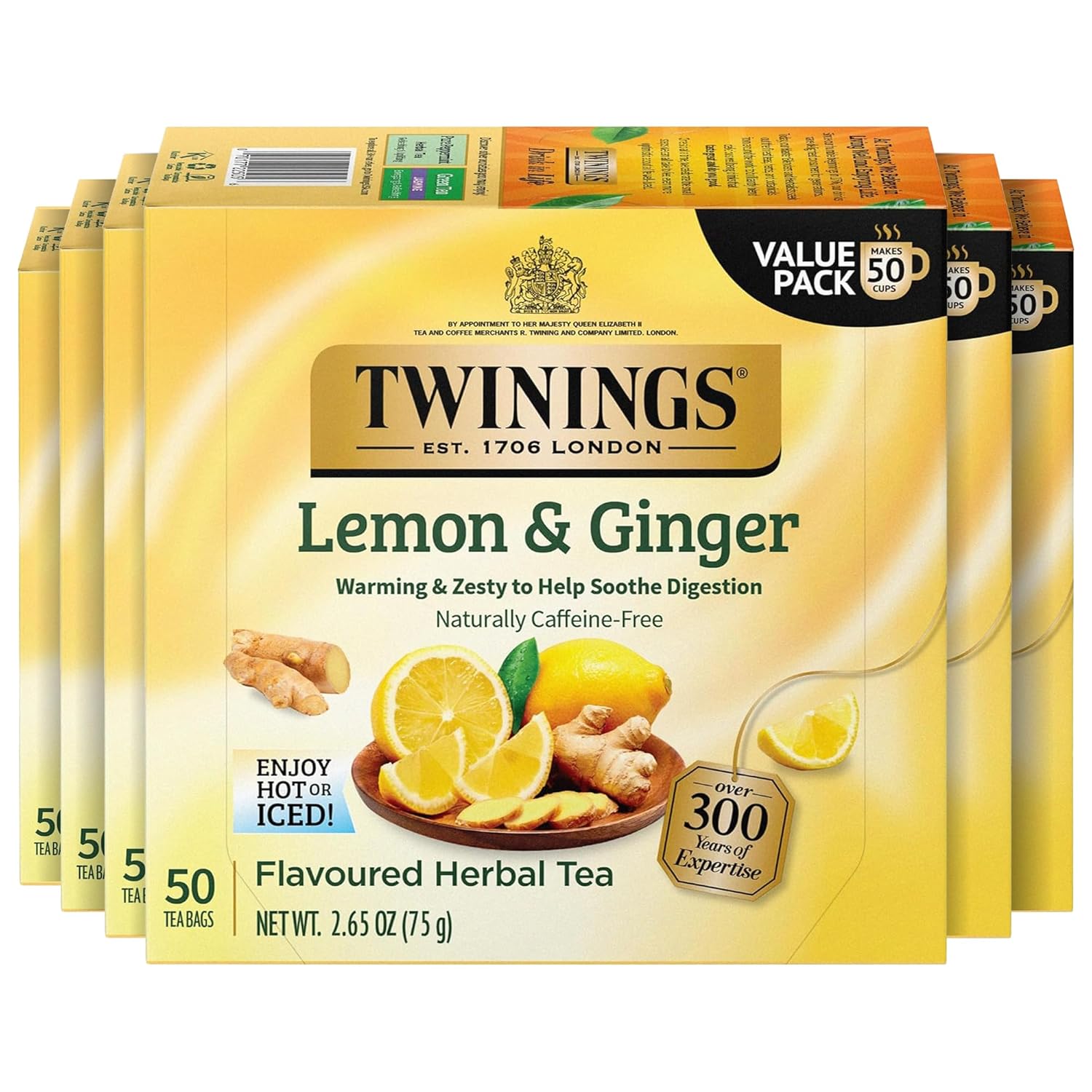 Twinings Lemon & Ginger Herbal Tea - Individually Wrapped Bags, 50 Count (Pack of 6) | Caffeine-Free, Enjoy Hot or Iced