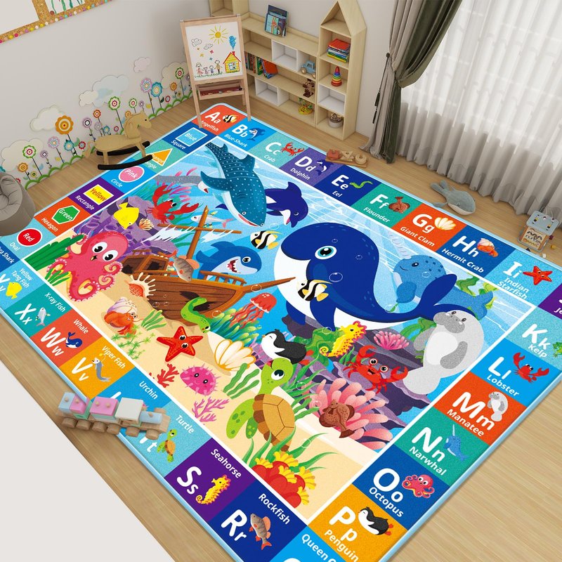 LTKOUGFAM Baby Play Mat for Floor, ABC Kids Play Mat, Sea Animals Kids Rugs for Girls and Boys Playroom, Foldable Rug for Baby Toddler Infants Crawling Playing (Blue, 78.7X59 INCH)