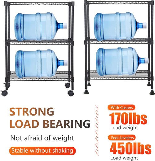 BestOffice 3-Tier Wire Storage Shelves - Heavy-Duty Metal with Wheels | Adjustable Racks | 23x13x31 | Black | Easy No-Tool Assembly