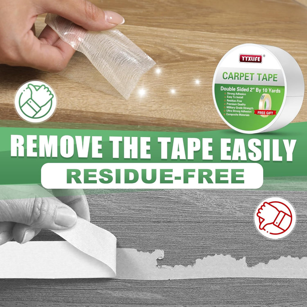 YYXLIFE Double-Sided Rug Tape - Strong Adhesive for Hardwood Floors | Non-Slip, No Residue, 2" x 10 Yards, White