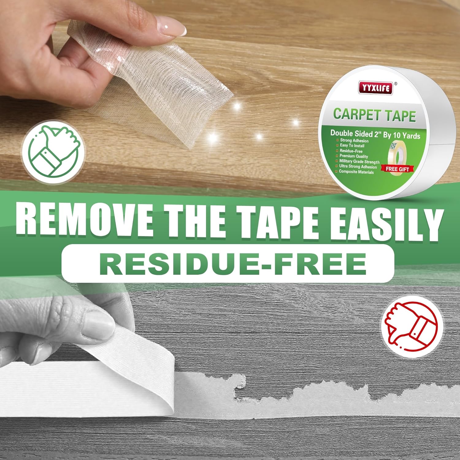 YYXLIFE Double-Sided Rug Tape - Strong Adhesive for Hardwood Floors | Non-Slip, No Residue, 2" x 10 Yards, White