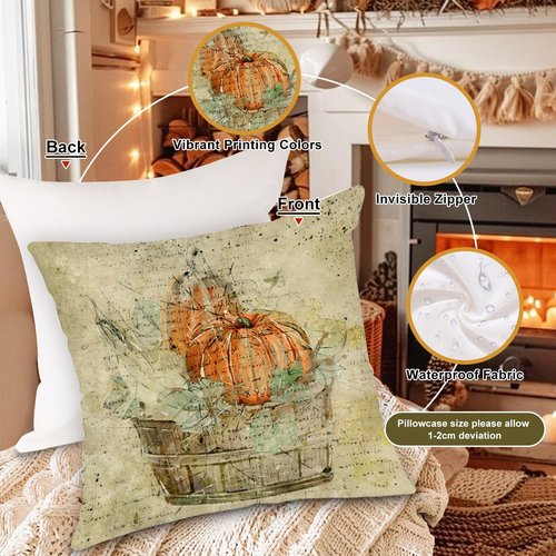 Benjia Outdoor Fall Throw Pillow Covers 20x20 Set of 4, Decorative Waterproof Oxford Retro Pumpkin 20 x 20 inch Holiday Cushion Cases Home Outside Porch Decor Decoration (Style 02)