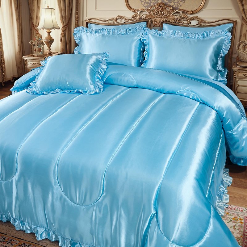 Satin Comforter Set with Sheet Set Full 8 Pcs Silk Like Pink Bedding Set Silky Ruffle Pattern Luxury Silky Comforter Set with 1 Cushion Cover