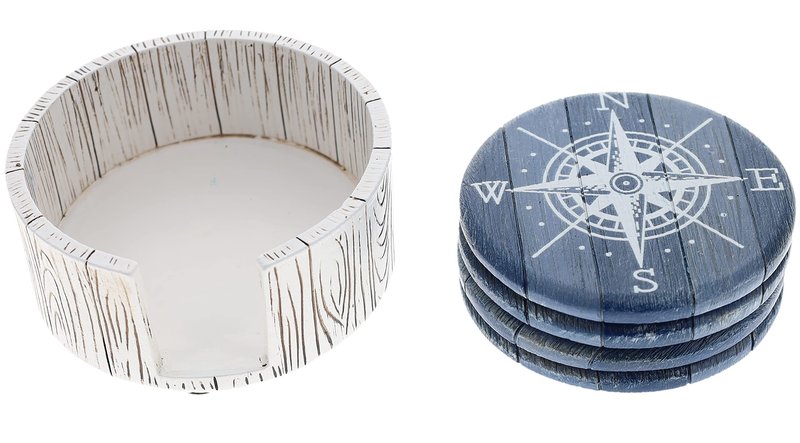 Compass Rose Coaster Set - Nautical Ocean Beach Boat Coastal Decor - Rustic Weathered Blue/White Finish