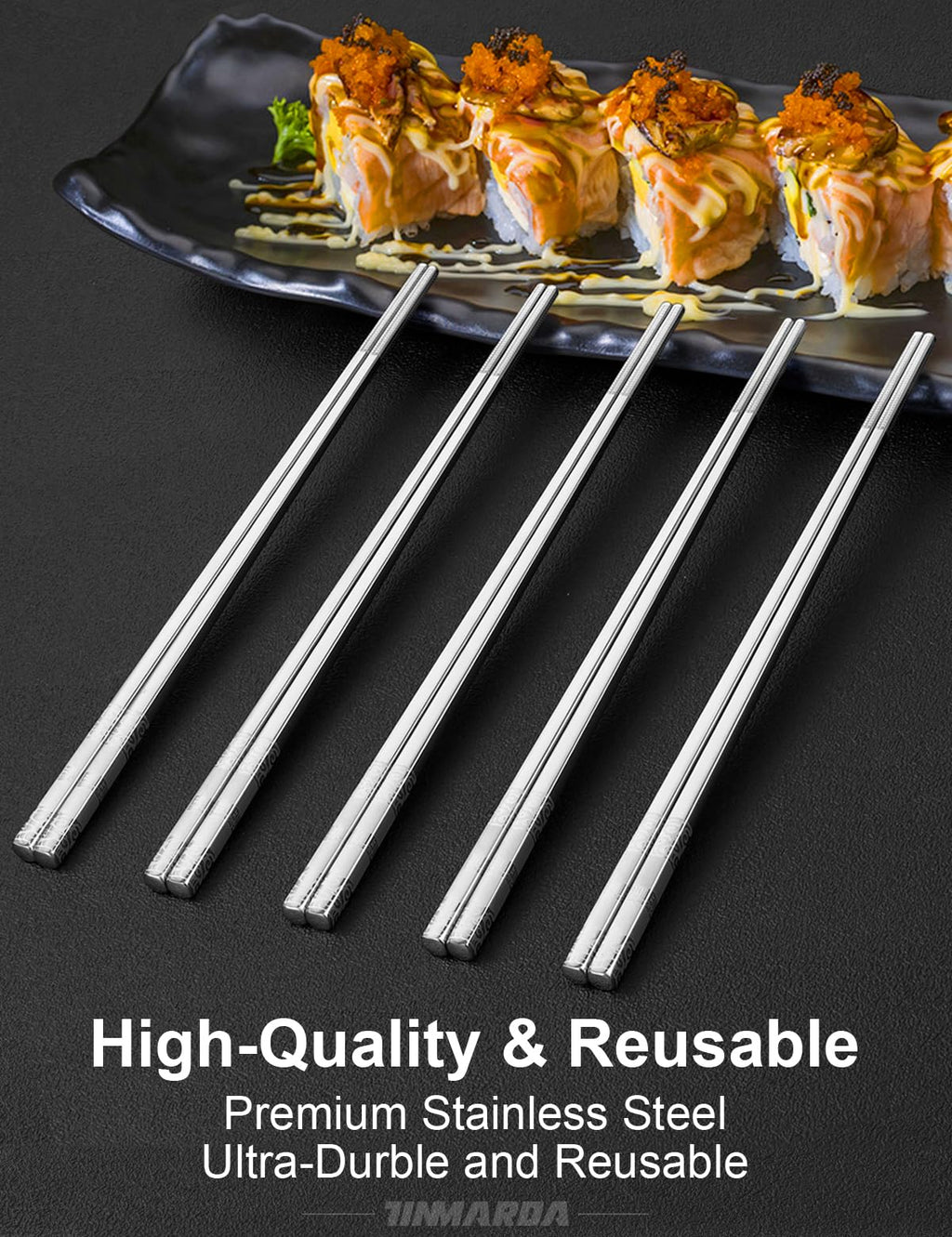 TINMARDA Metal Chopsticks Reusable 5 Pairs Stainless Steel Chopsticks Dishwasher Safe Square Lightweight Non-Slip Chop Sticks Present Set (Silver)