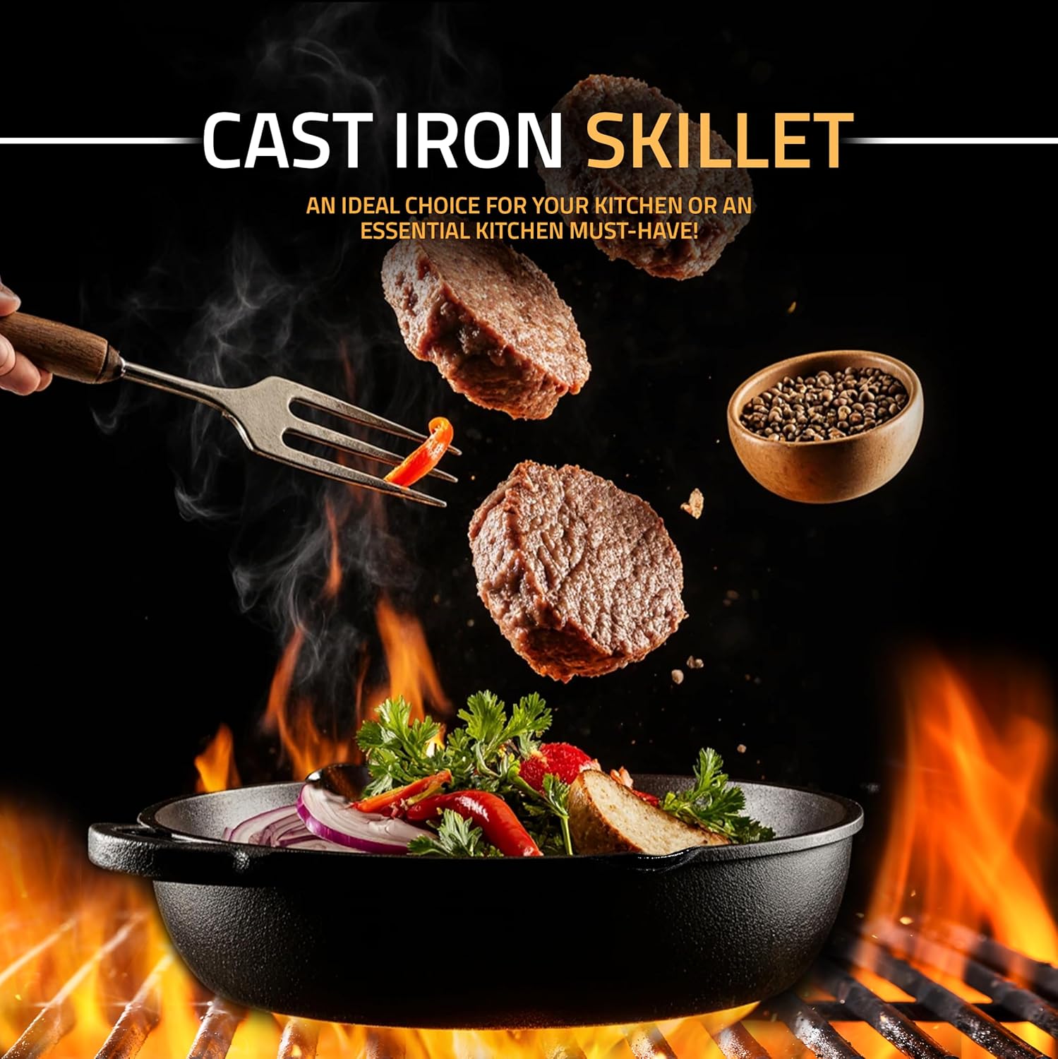 Utopia Kitchen Premium Cast Iron Skillet - 12 Inch Pre-Seasoned Frying Pan for Even Heat Distribution | Black