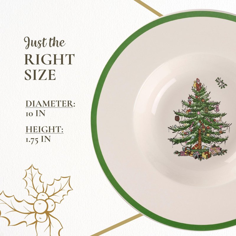 Spode Christmas Tree Pasta Bowl - Set of 4, Rimmed Plate for Serving Salad, Spaghetti & Soup, 10-Inch, Made of Porcelain, Dishwasher, Microwave & Freezer Safe, Dinnerware Set