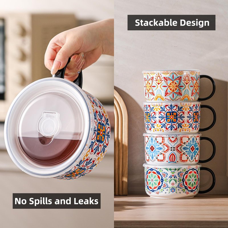 Chubacoo Jumbo Soup Bowl with Lid: 38 oz Ceramic Soup Mug with Big Handle for Ramen Cereal Breakfast Meal Prep Office Lunch Dorm Living - Microwave Safe Extra Large Food Container - Pattern C