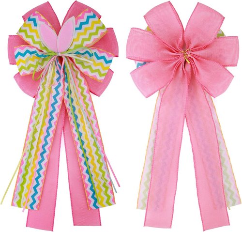 Meseey Large Easter Burlap Bow - 20 x 10 Inch Spring Bunny Rabbit Wreaths for Home Decor & Gift Wrapping