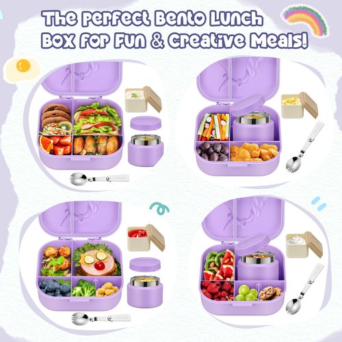Aimsnk Kids Lunch Box Set -12oz Insulated Food Jar, Thermal Bag,Leakproof Lunch Food Containers Cutlery (BPA Free)-Gift for Girls/Boys Age 3-10(Purple+Purple Jar)