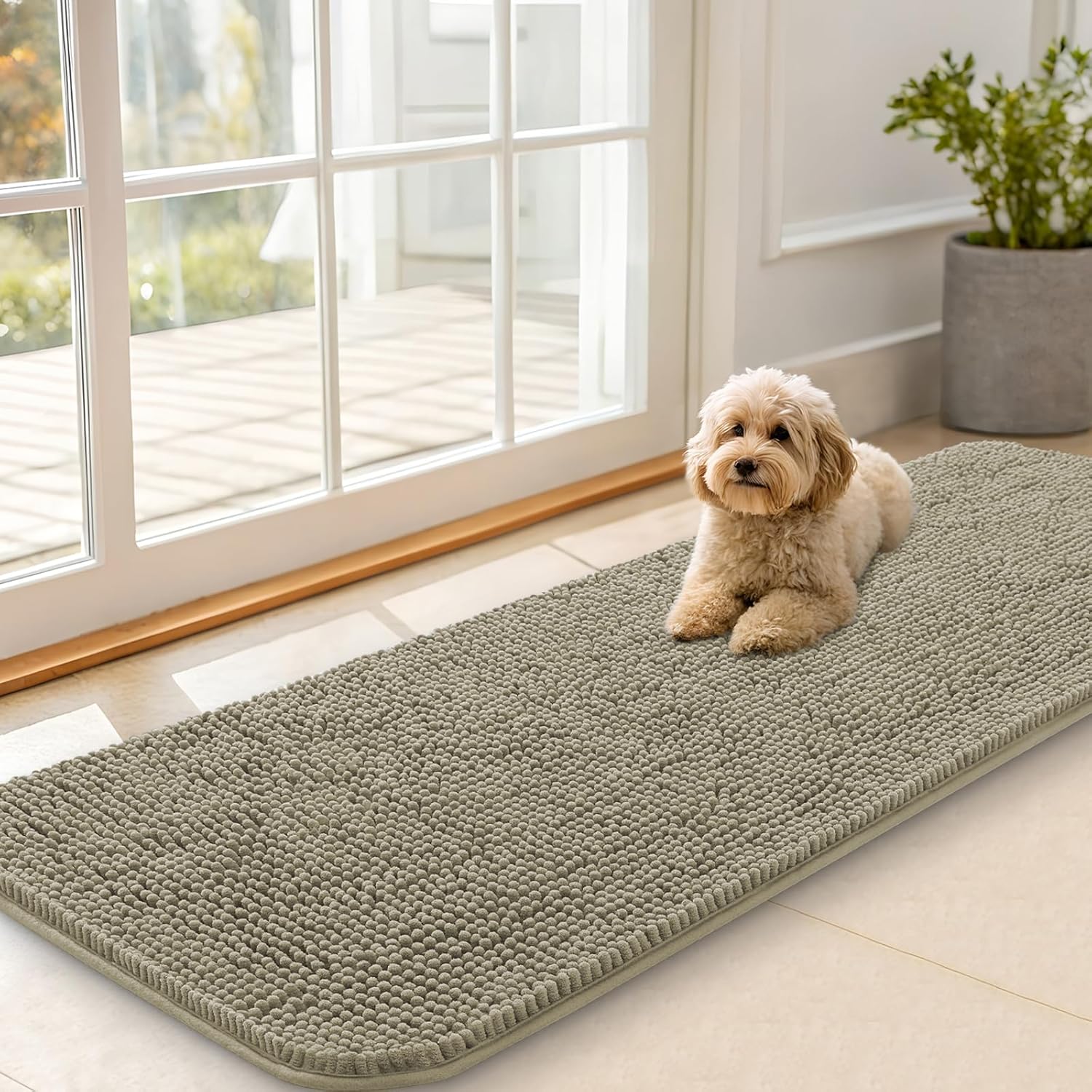 OLANLY Dog Door Mat - Absorbent Non-Slip Chenille Mud Mat for Muddy Paws | 59x20 Warm Taupe