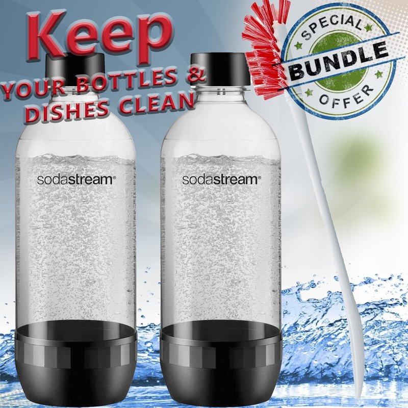Soda Bottle Bundle 2-Pack Black 1L Carbonating + Deliqo 14" Bottles Cleaning Brush – For SodaStream Carbonating Water Seltzer