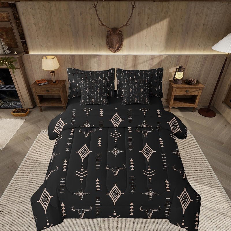 Feelyou Rustic Western 7 Piece Bedding Set Queen Size Kids Western Tribal Bull Skull Bed in a Bag Adult Black Brown Boho Ethnic Aztec Cow Pattern Comforter Set with Sheets