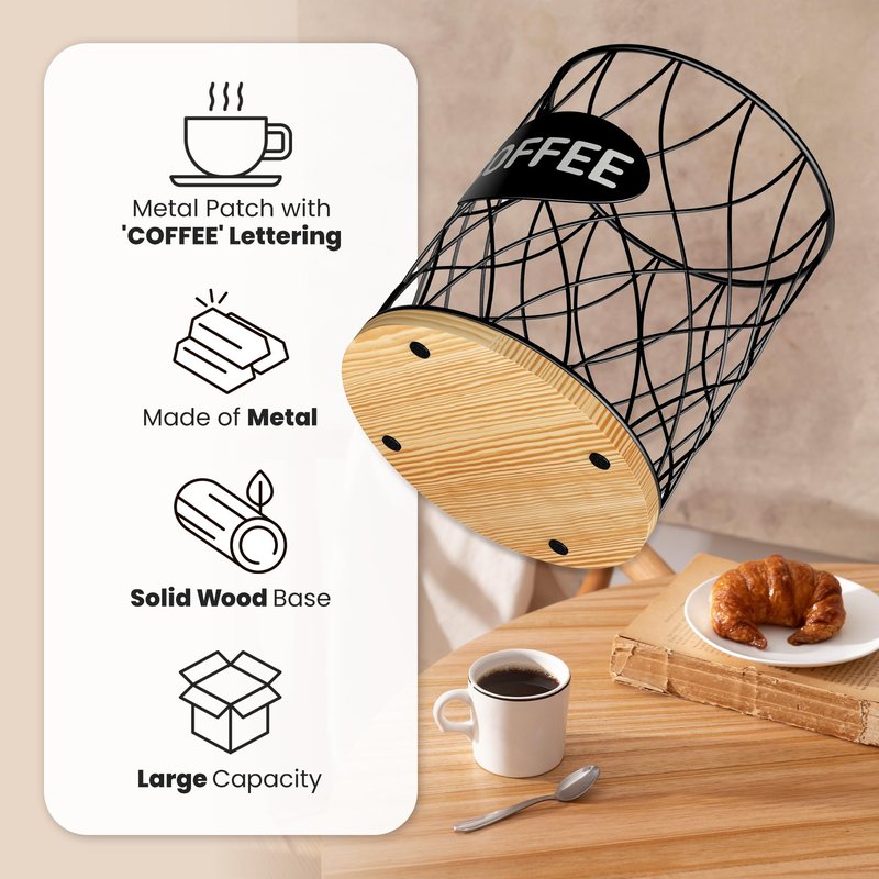 ADDFIT HOUSE Coffee Pod Holder for K Cups – K Cup Organizer with Metal Wire and Bamboo Base, Large Capacity Coffee Pod Storage for Countertop, Coffee Bar or Kitchen, Pod Holder for K-Cup Style Capsule