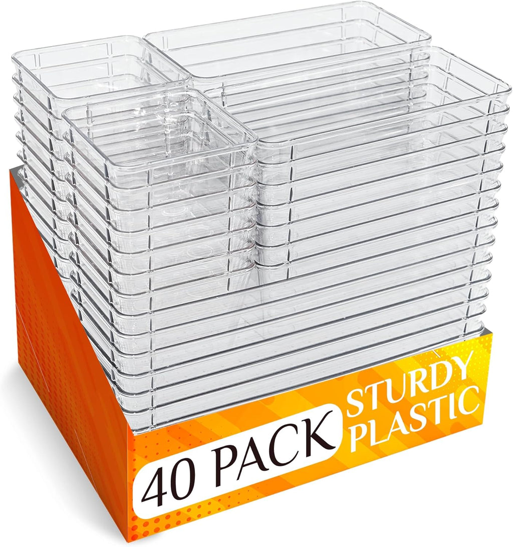 Skiennix 40 PCS Clear Drawer Organizer Set - BPA-Free Plastic Trays with Non-Slip Pads for Kitchen, Bathroom & Office