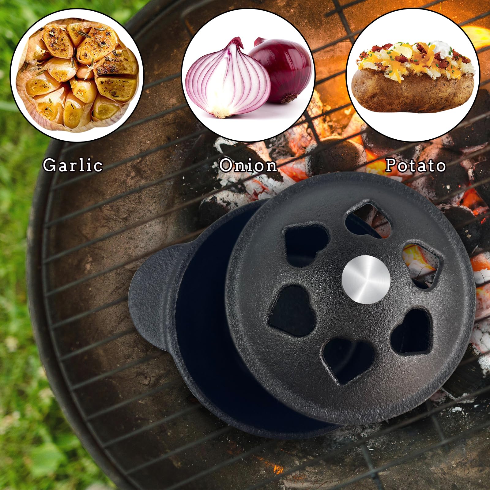 BOLVOUD Cast Iron Smoker Roaster & Garlic Roaster Baker, Pre-Seasoned Dutch Oven, Gourmet Herb Garlic Roaster for Grill Oven, Triple Moon Cast Iron Cauldron with Lid, Wood Chip Smoker Box BBQ Grill