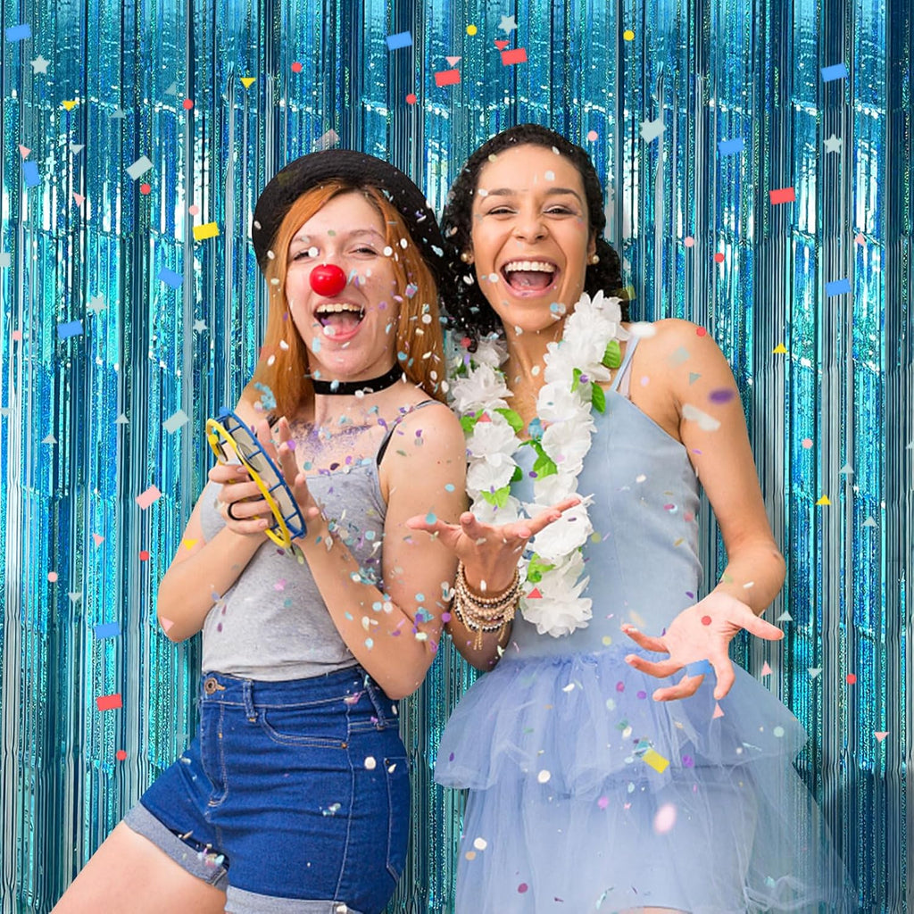 Skiennix 2-Pack Blue Party Backdrop Curtains - Metallic Tinsel Foil Fringe for Ocean-Themed Decor