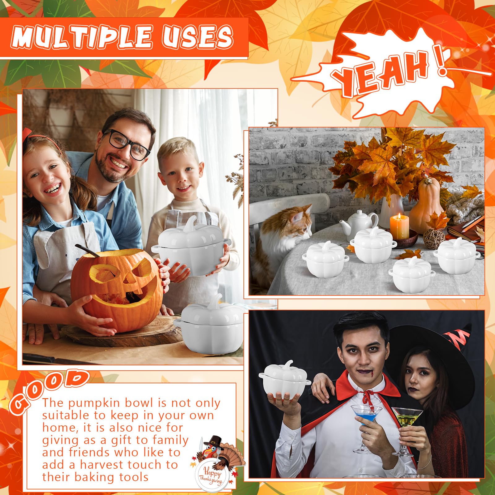 Hushee 2 Pcs Fall Ceramic Pumpkin Soup Bowls with Lid and Handles Thanksgiving Dutch Oven Pot 14 oz Cookware Dish Pot for Thanksgiving Autumn Fall Harvest Party Baking Cooking Supplies(White)