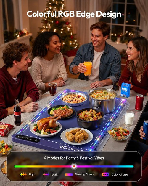 Gaiatop Warming Mat for Food with Trivet & Light, Food Warming Mats for Countertop, 6 Temp Level, 6 Timer Settings, Full-Surface Fast Heating, Portable Silicone Food Warmer for Parties Buffet