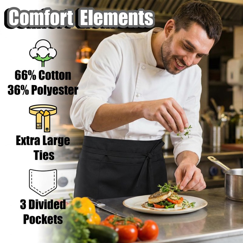 TOSHE Waist Apron with 3 Pockets Waterdrop Resistant Premium Cotton Waitress Apron 10 Color Option Server Apron Chef Apron (3 Pack - Black)
