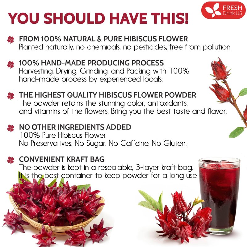 FreshDrinkUS, Premium 16oz Hibiscus Flower Powder, 100% Natural and Pure from Hibiscus Flowers, Natural Food Coloring, No Additives, No Gluten, No Sugar, Vegan