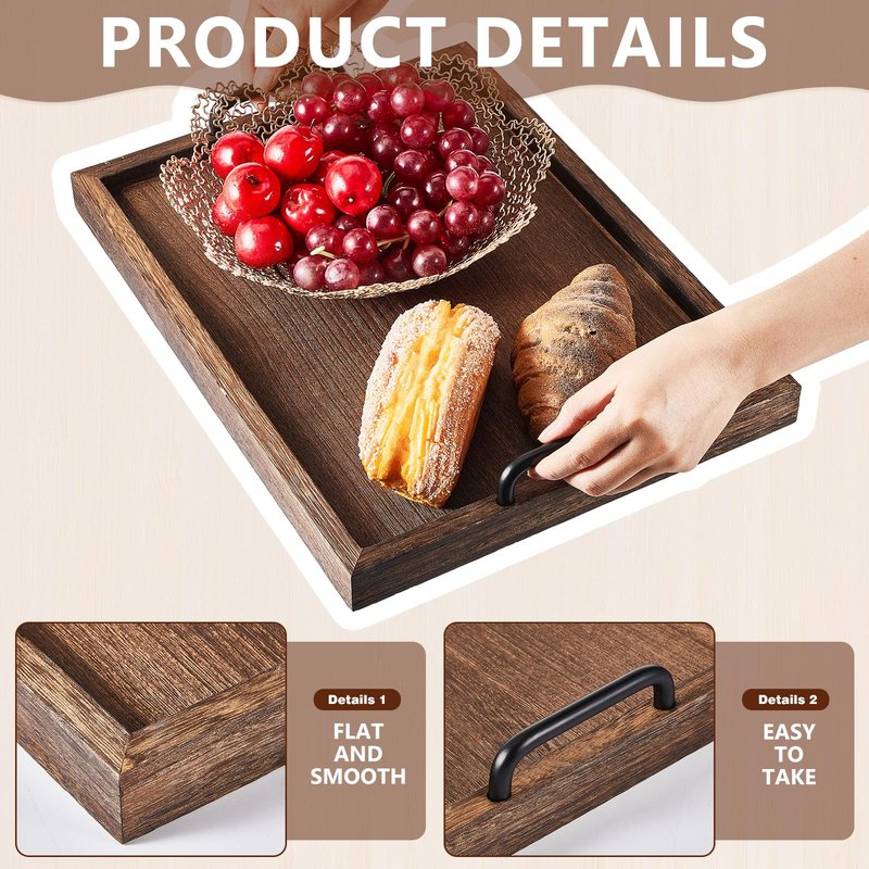 4 Pcs Large Wooden Serving Tray Decorative 15.8 x 11.8 x 1.2 in Ottomantray Rustic with Handle Coffee Table Wood Tray Kitchen Platter for Christmas Thanksgiving Party Gift Breakfast Wedding(Brown)